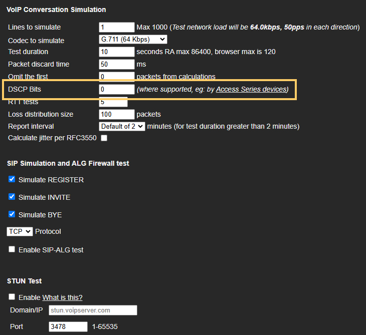 DSCP value settings as part of the MCS VoIP test configuration