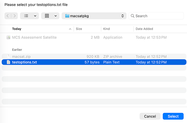 Select testoptions.txt file
