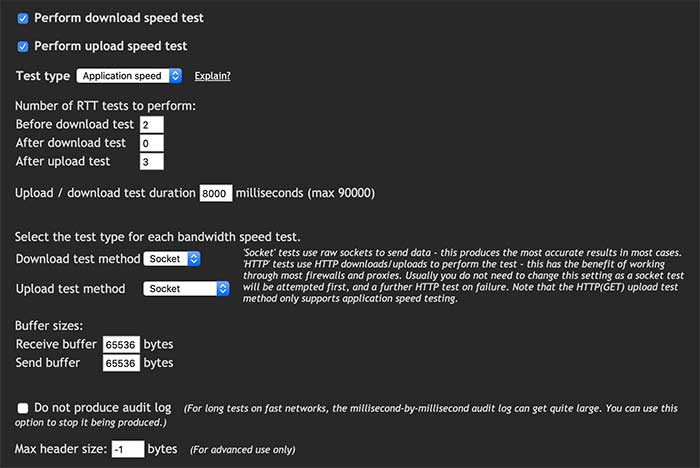 Speed test configuration
