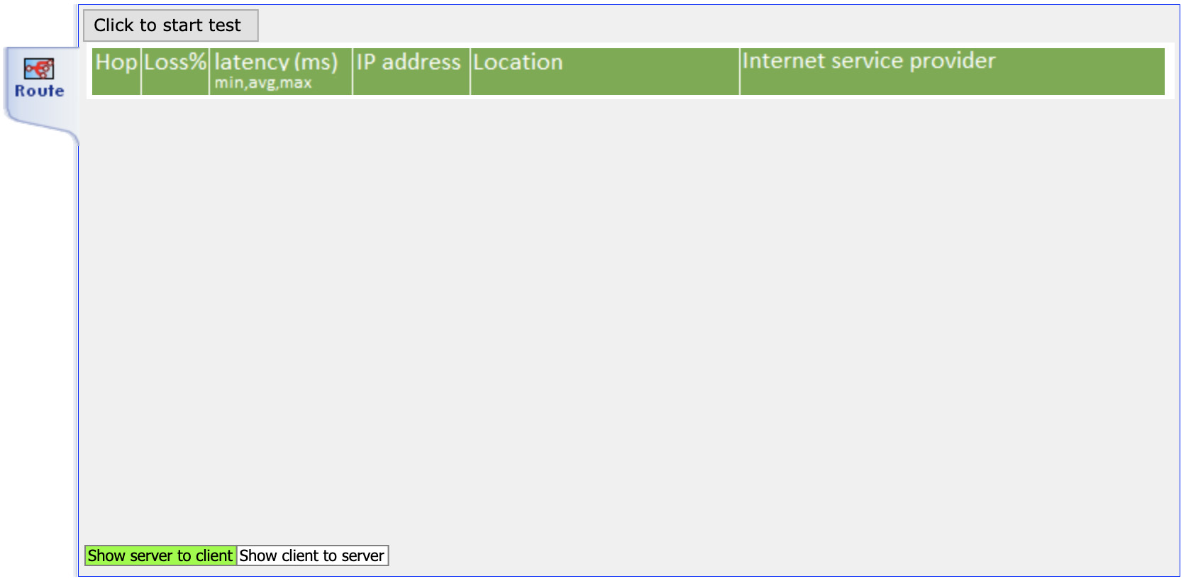 starting route test user interface