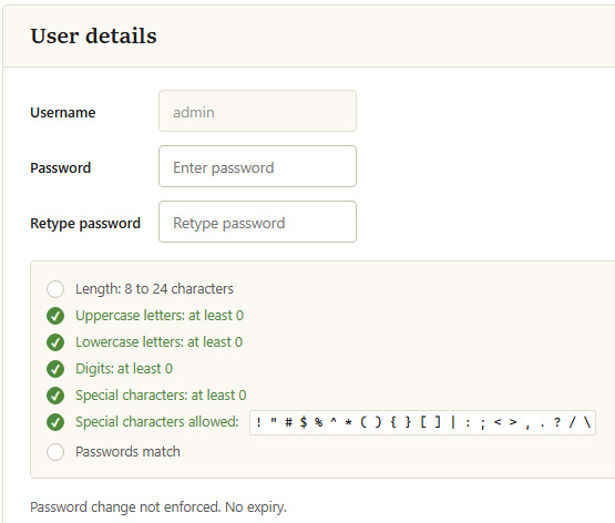 Admin user password