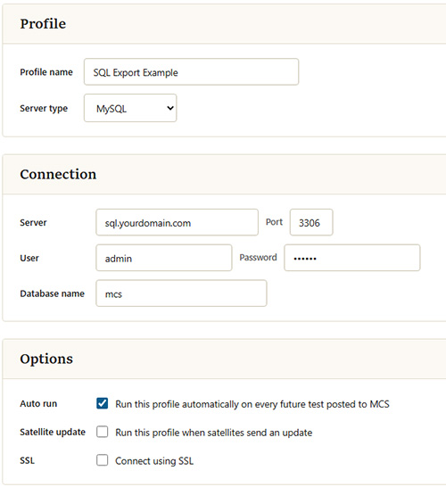 SQL profile settings: profile, connection, and options