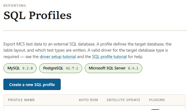 SQL Profiles page showing detected driver versions