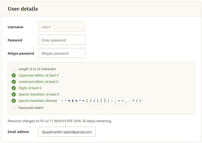 Username, password, and email address