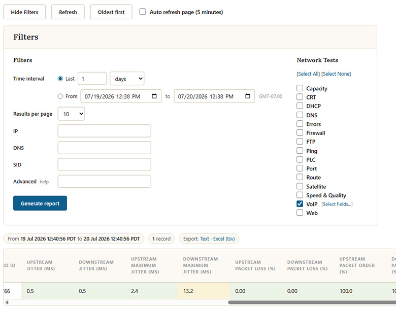 VoIP report with filters