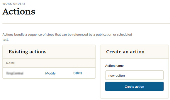 Actions page: existing actions list and the create-an-action panel with a name field