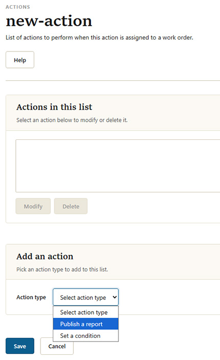 The action screen showing the existing actions list and the add-an-action panel
