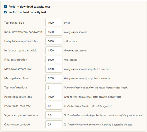 Capacity test configuration options