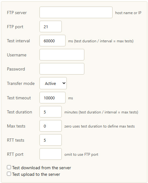 FTP test configuration options
