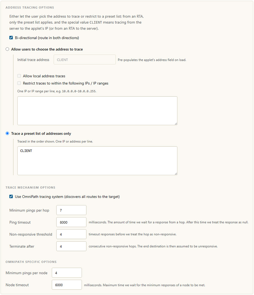 Route test configuration options