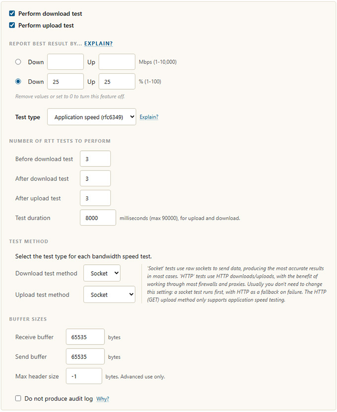 Speed test configuration options