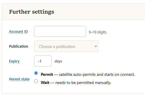 Further settings section: account ID, publication, expiry, and permit state