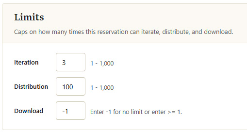 Limits section: iteration, distribution, and download caps