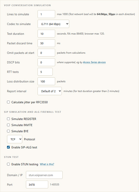 VoIP test configuration options