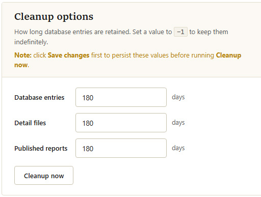 Database cleanup options showing retention settings for entries, detail files, and published reports