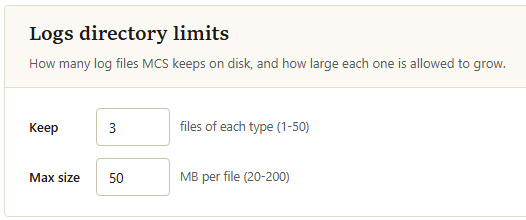 Logs directory limits: keep files of each type and max size per file