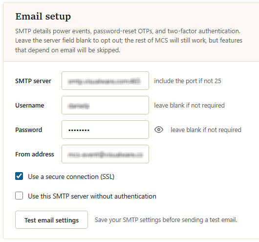 Email setup settings
