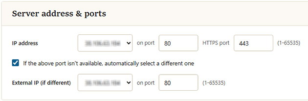 Server IP and port settings