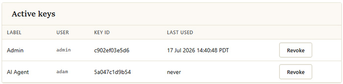Manage API keys list