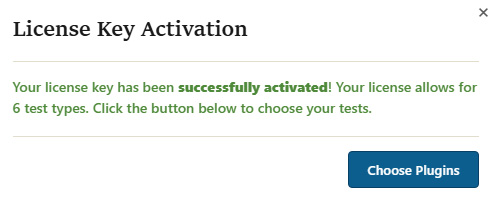 License key activation popup with a Choose Plugins button
