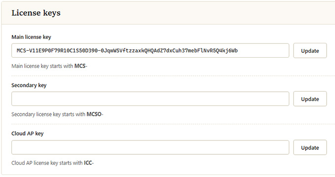 License keys section with main, secondary, and cloud AP key fields
