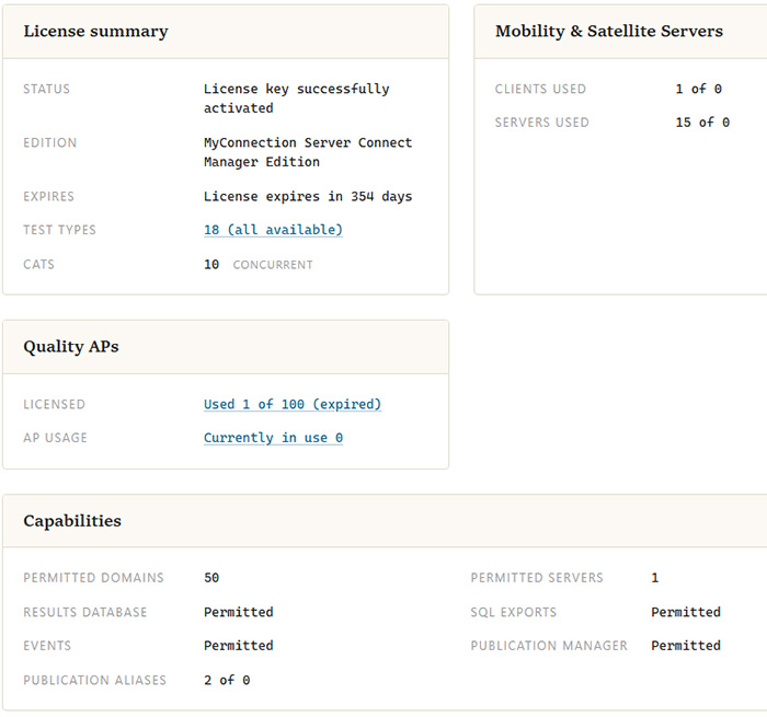 License summary, mobility and satellite servers, quality APs, and capabilities panels