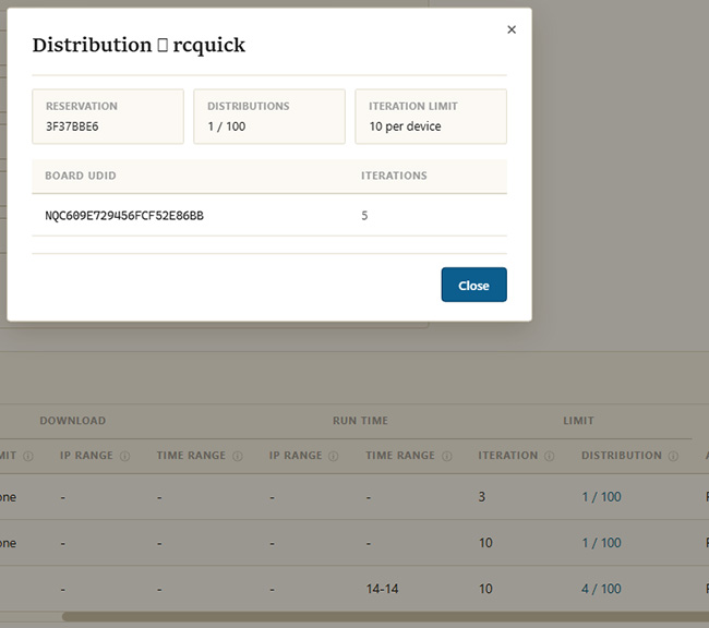 Distribution detail popup showing reservation key, distributions, iteration limit, and per-device iteration counts