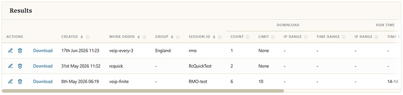 Manage reservations results table with actions, created, work order, group, session ID, and download columns