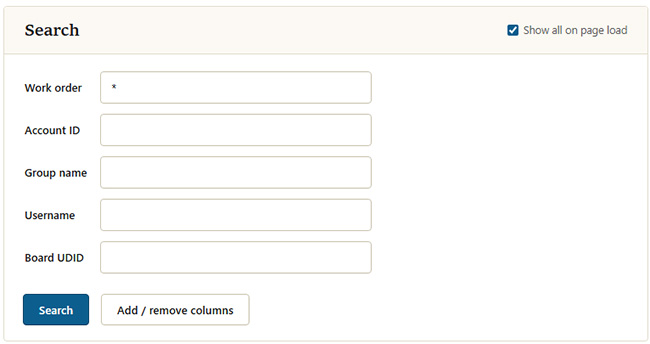 Manage reservations search form with work order, account ID, group name, username, and board UDID fields