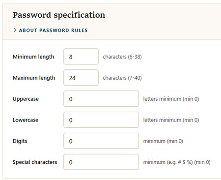 Password specification fields for length and character class minimums