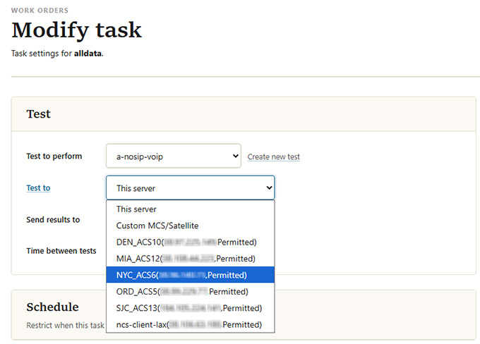 Test To drop-down menu showing available server options